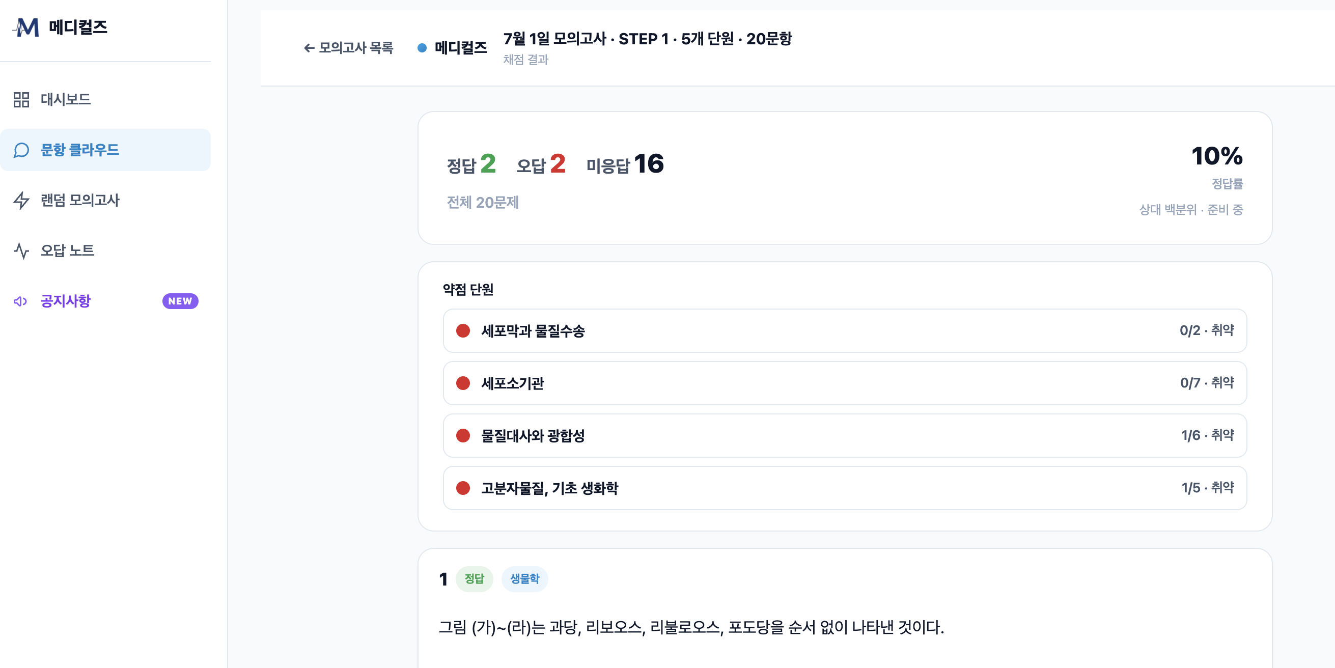 채점 결과와 약점 단원 화면